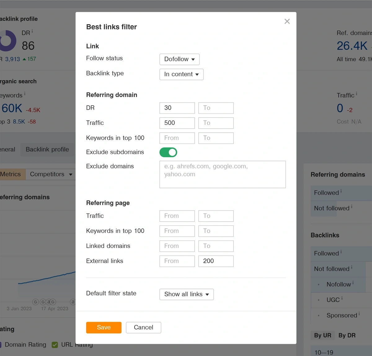 Example of a best link configuration for backlink analysis