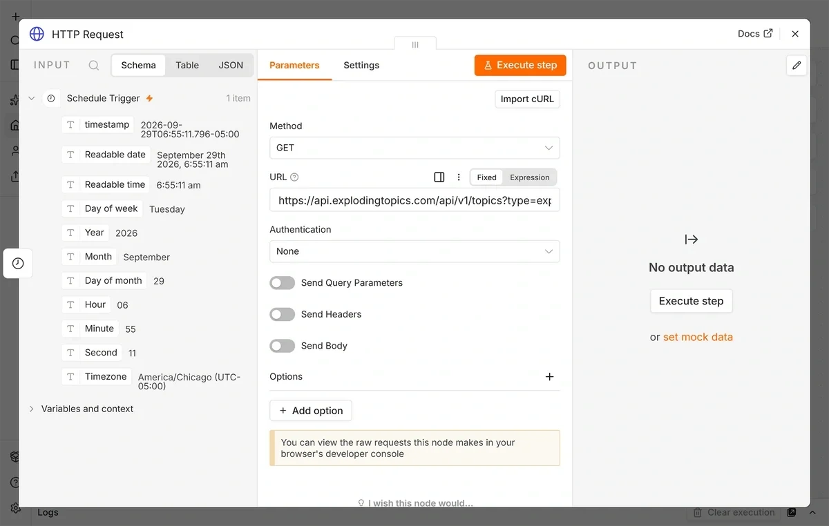Adding your Exploding Topics API request URL to an HTTP Request node in n8n