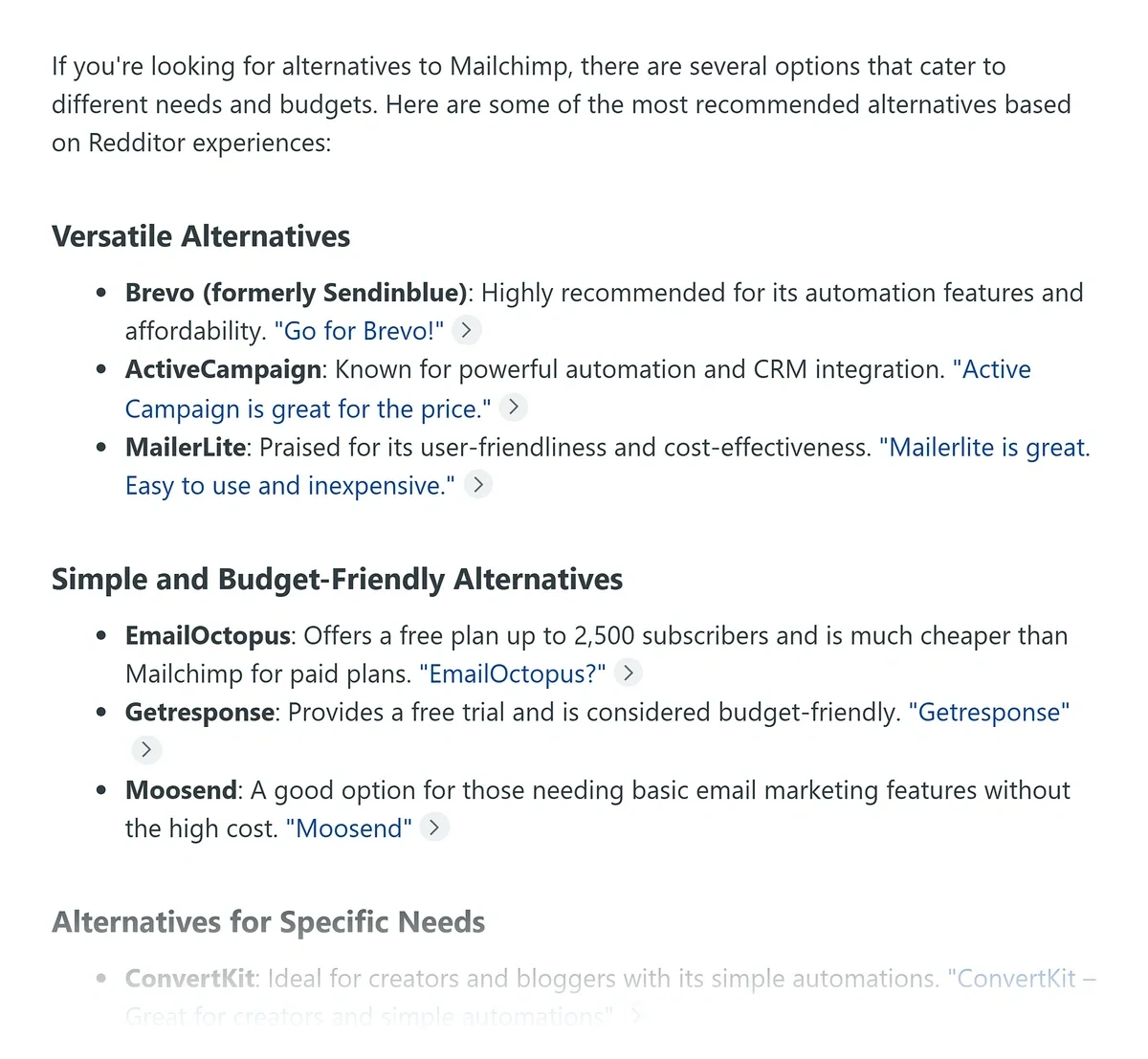 A list of alternatives for an example brand suggested by Reddit Answers