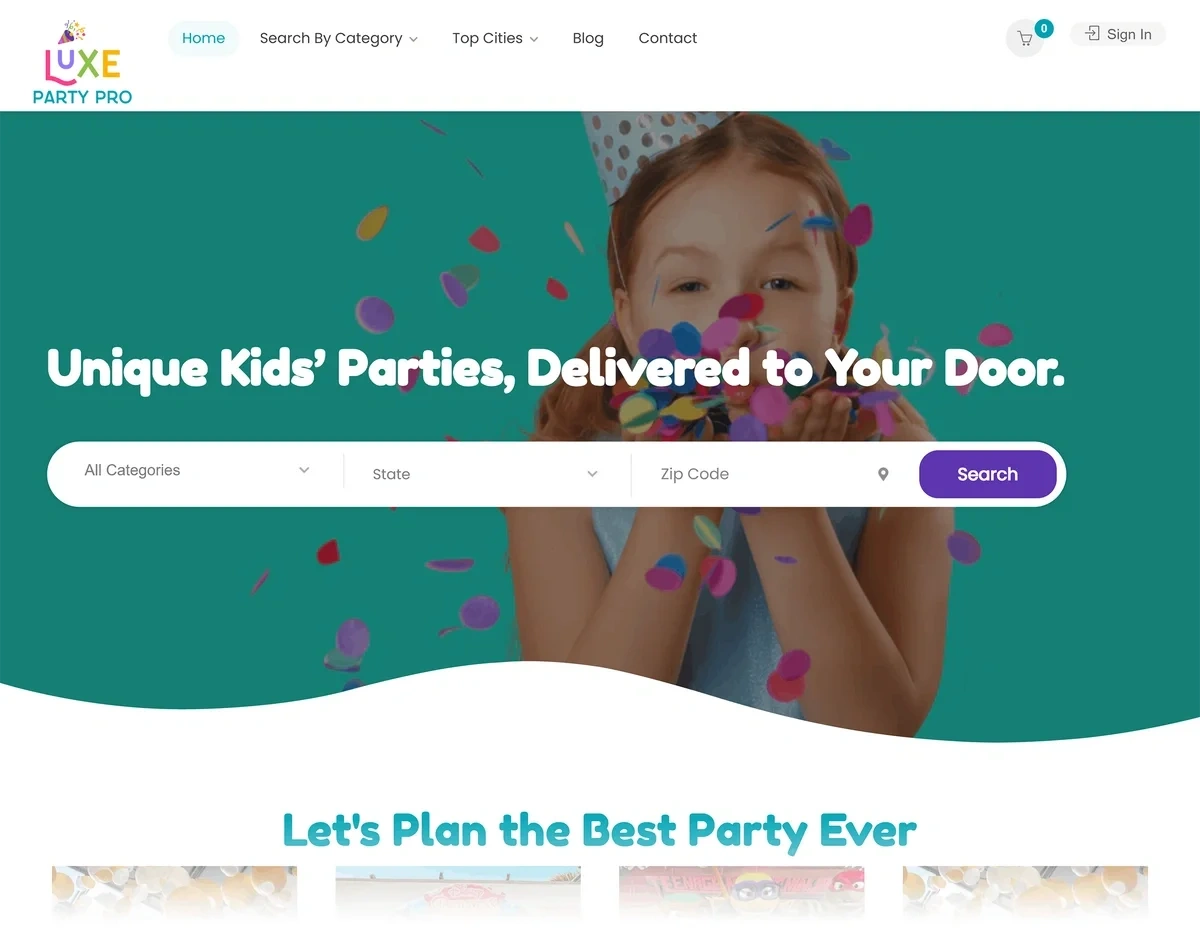 The Luxe Party Pro website shows a girl blowing confetti and says unique kids' parties, delivered to your door.