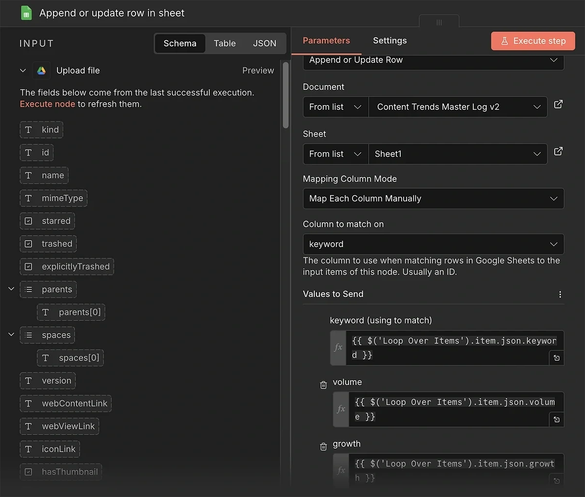 Parameter panel for Append row in sheet action