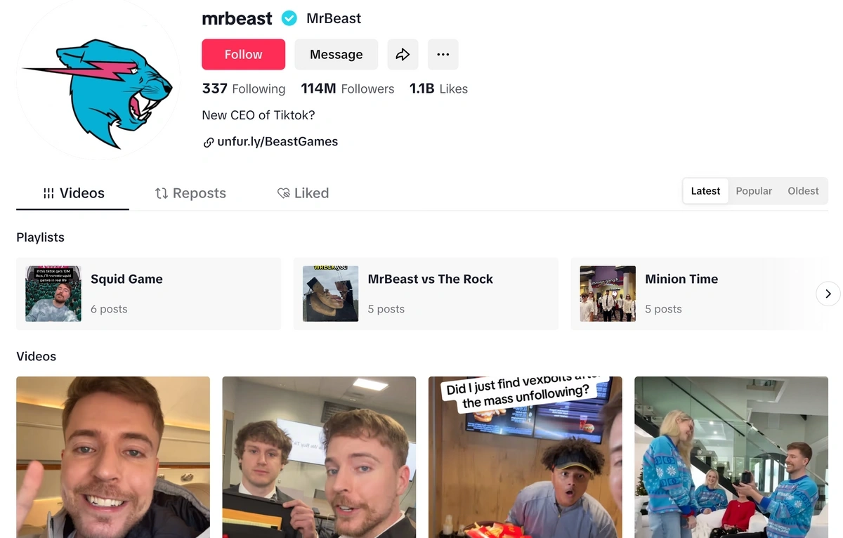 Screenshot of MrBeast's TikTok page