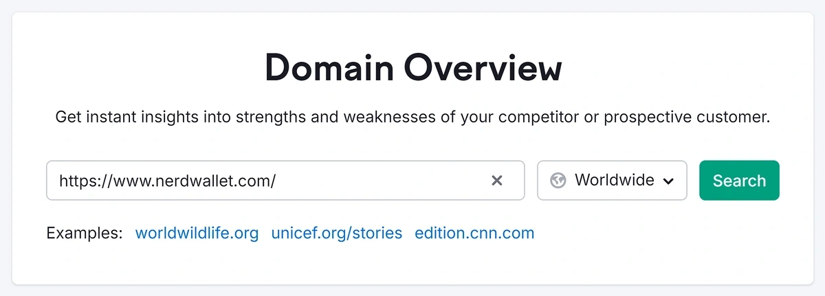Search for nerdwallet.com in Semrush's Domain Overview tool
