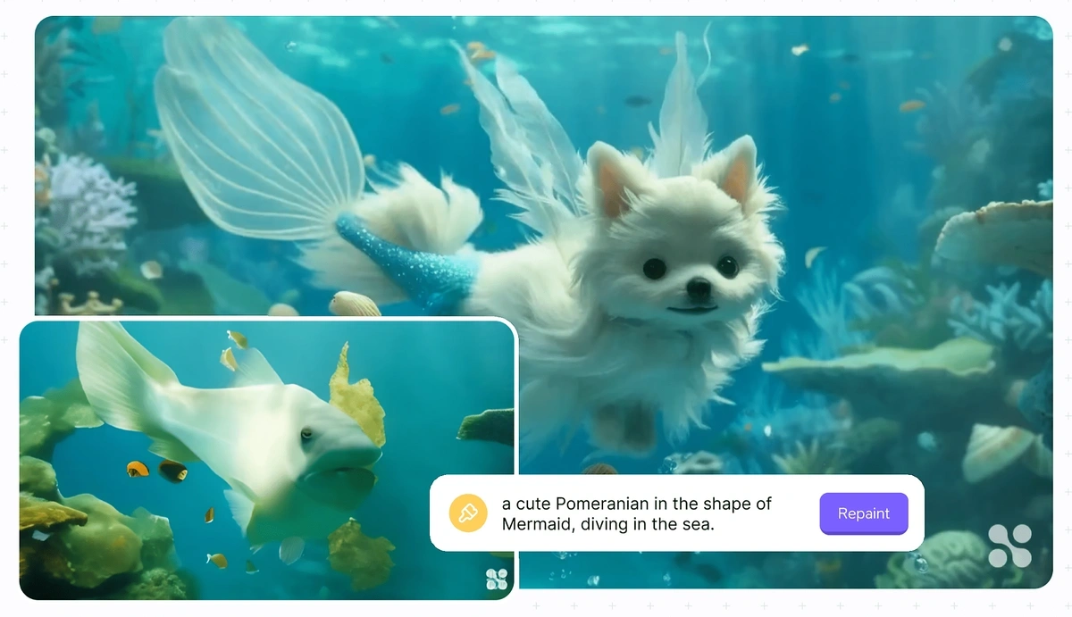 Haiper's repainting feature being used to replace a fish for a mermaid dog in an underwater scene
