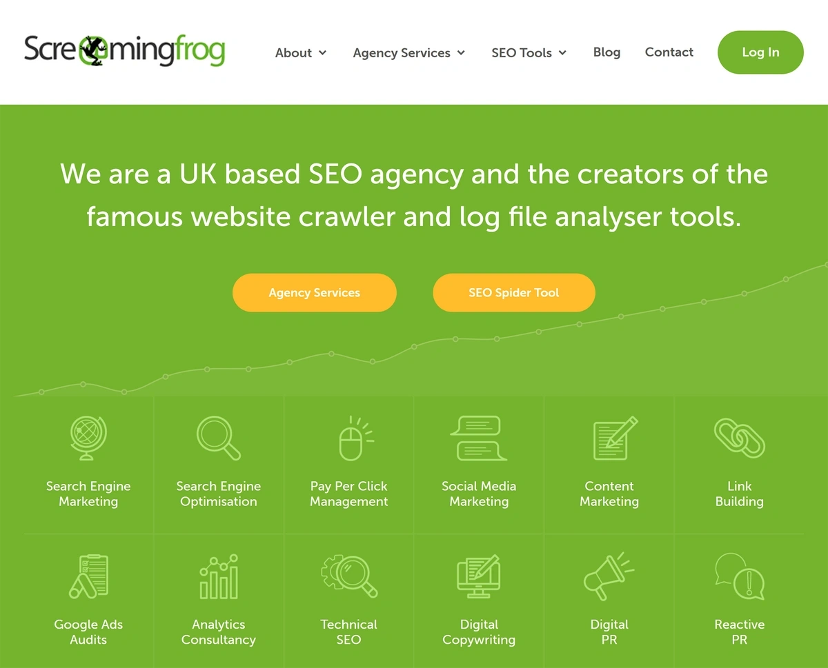 The Screaming Frog homepage displays a list of icons explaining what the tool does