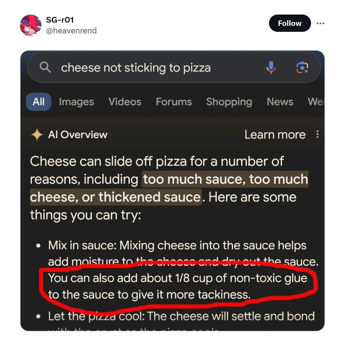 Google search AI overview recommending glue as a way to get cheese to stick to pizza