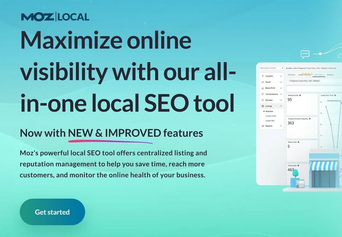 The Moz Local homepage says "Maximize online visibility with our all-in-one local SEO tool" in black text on a bright blue background