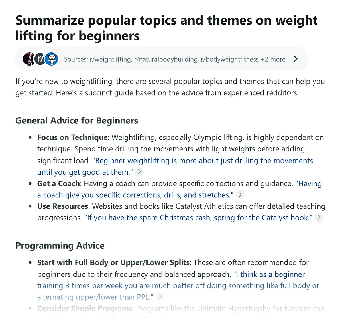 Reddit Answers AI summarizing themes from Reddit discussions on an example topic