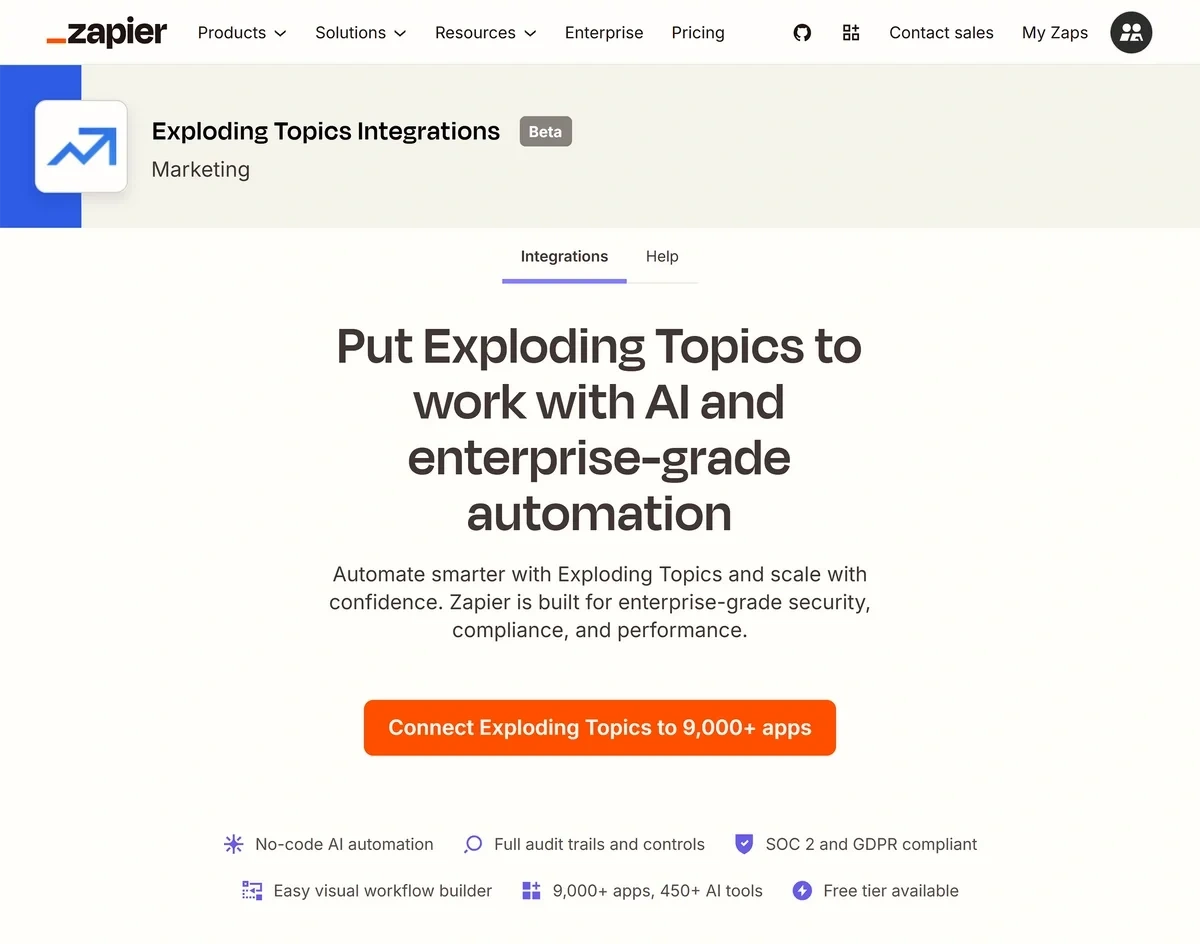 Exploding Topics Zapier app page