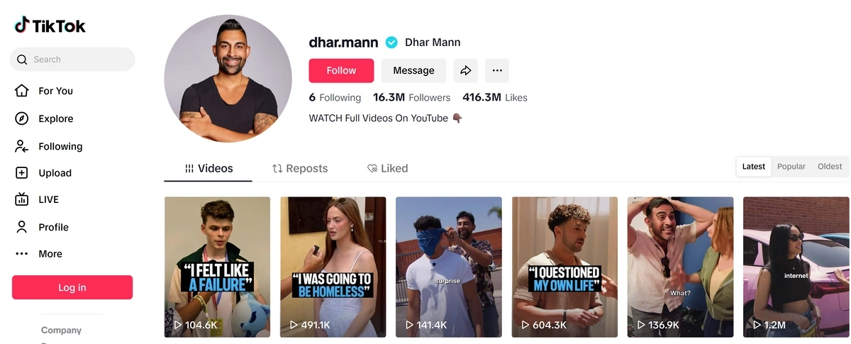 screenshot of Dhar Mann's TikTok page