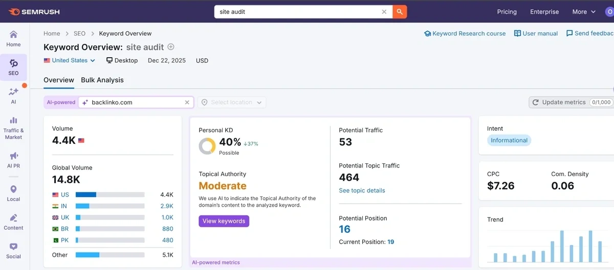 Keyword Overview with personalized metrics for an example brand