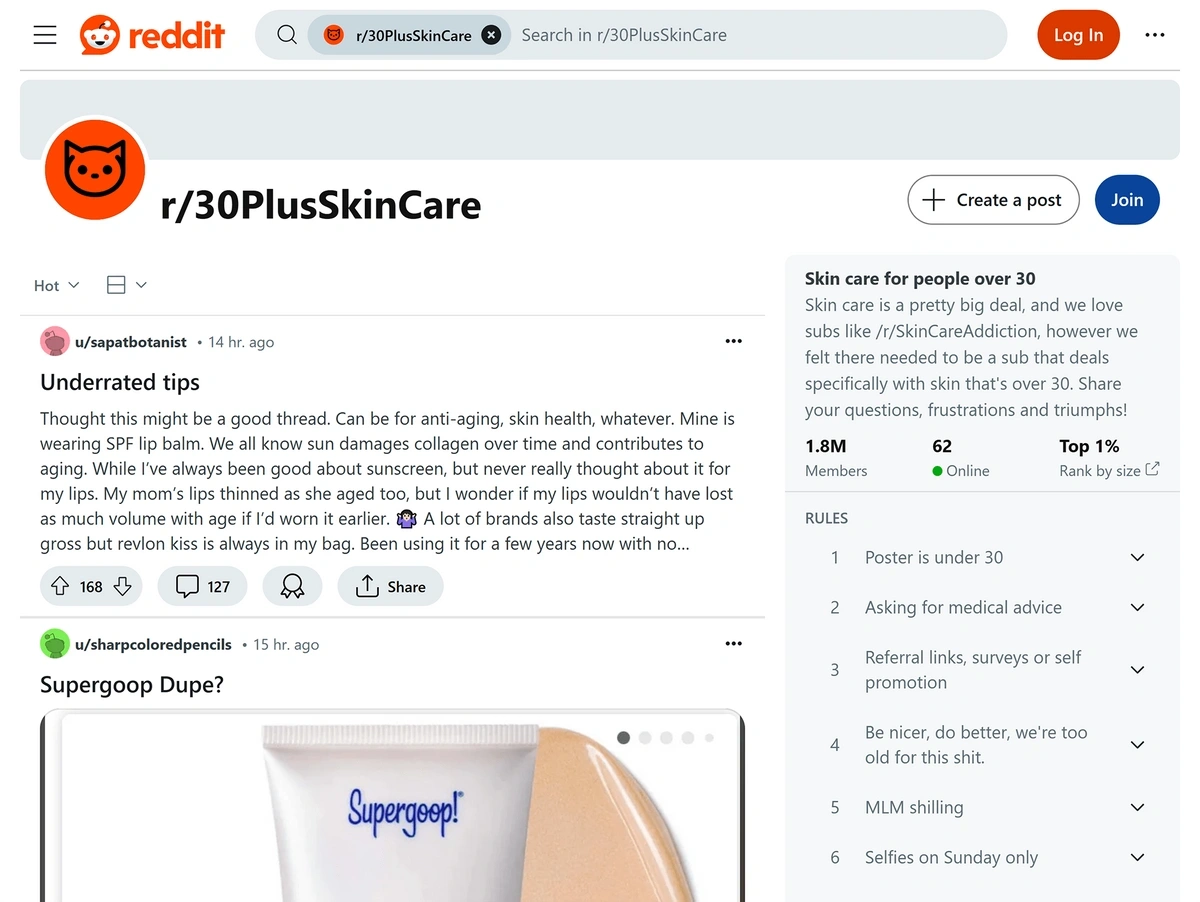 Reddit – r/30plusskincare subreddit