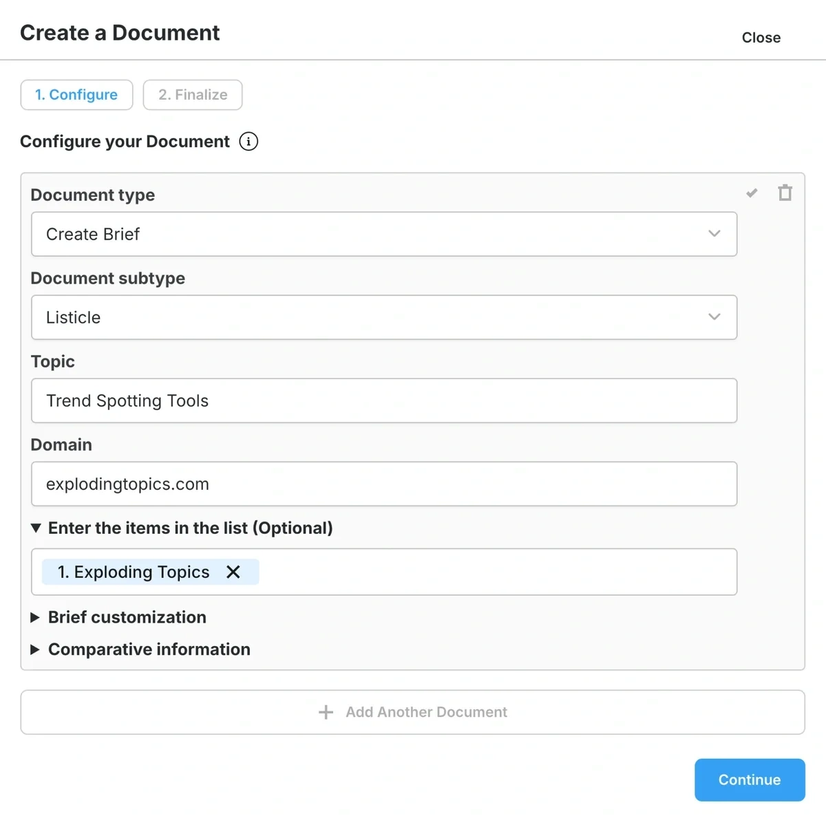 The Market Muse brief generator asks for information about the type of article you'd like to create and the topic.