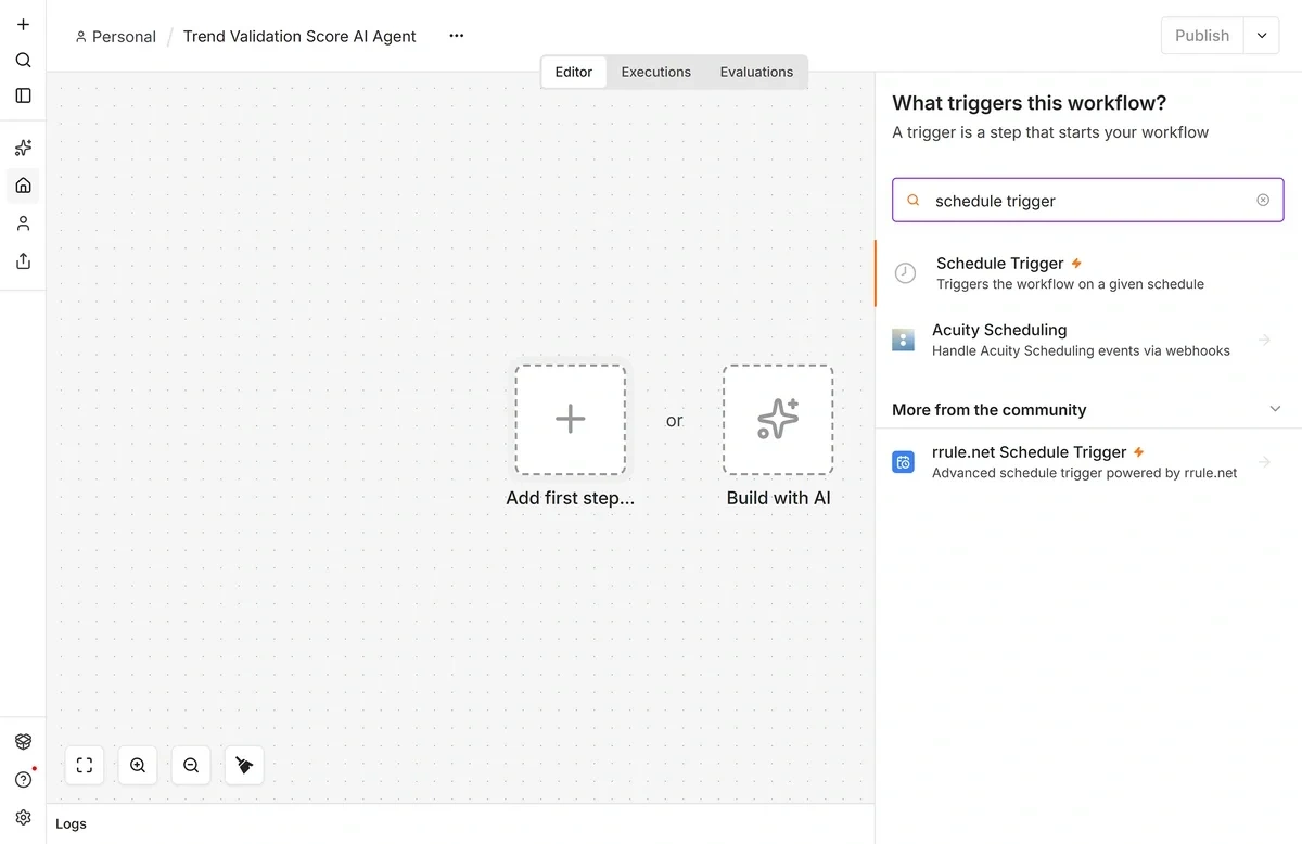 Adding a Schedule Trigger node in n8n