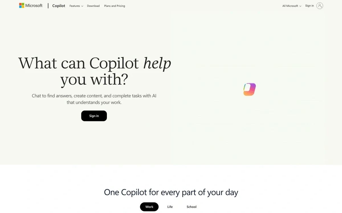 Screenshot of the Microsoft Copilot homepage
