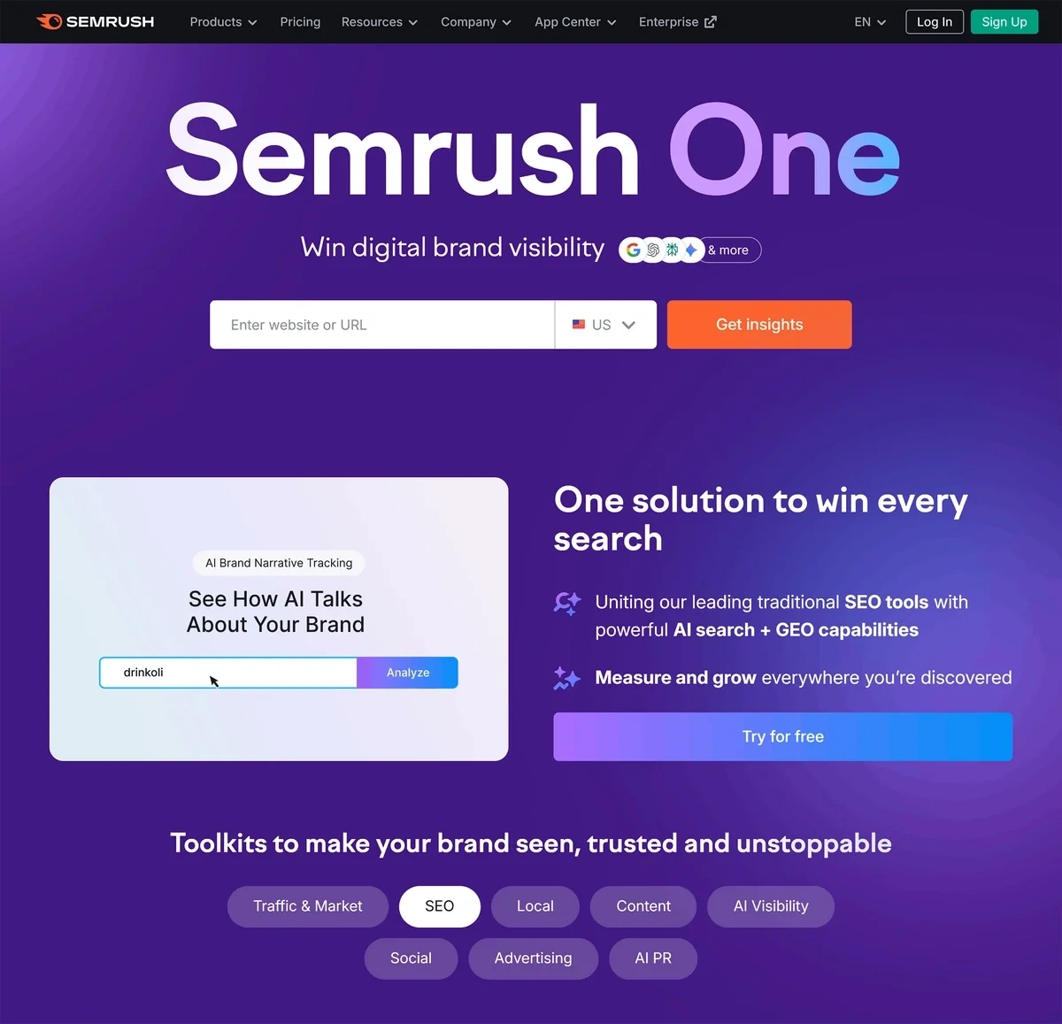 The purple, white, and orange Semrush homepage says "one solution to win every search"