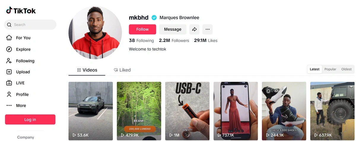 Screenshot of Marques Brownlee's TikTok