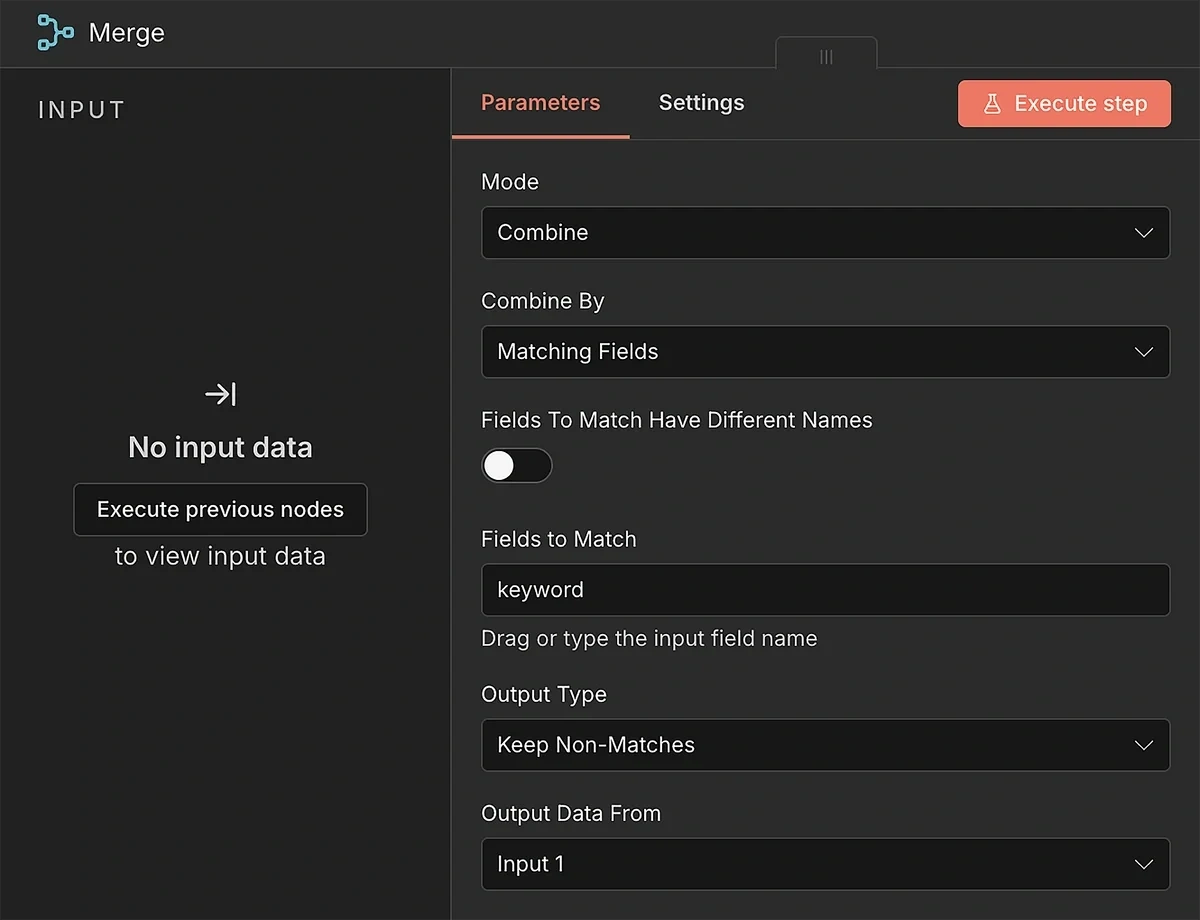 Parameter panel for the Merge node