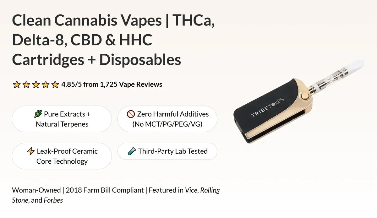 The TribeTokes website reads Clean Cannabis Vapes next to a photo of a car-key styled vape.