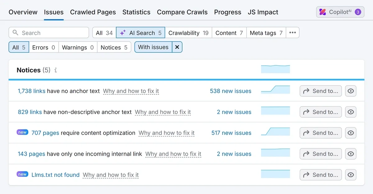 Semrush Site Audit Issues regarding AI Search