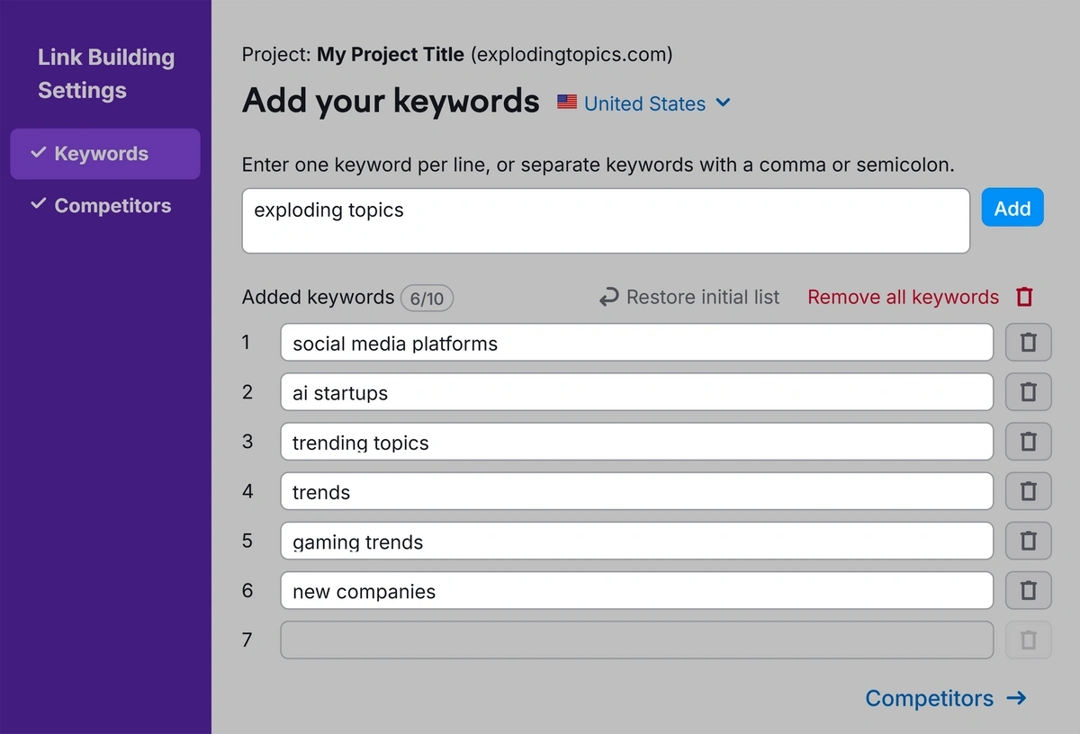 Add keywords to a link building project