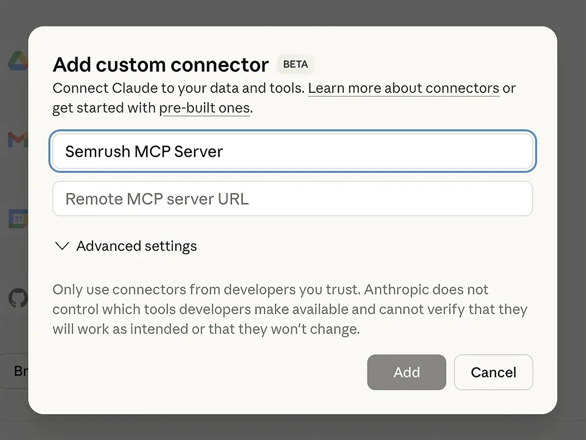 Adding a custom connector in Claude