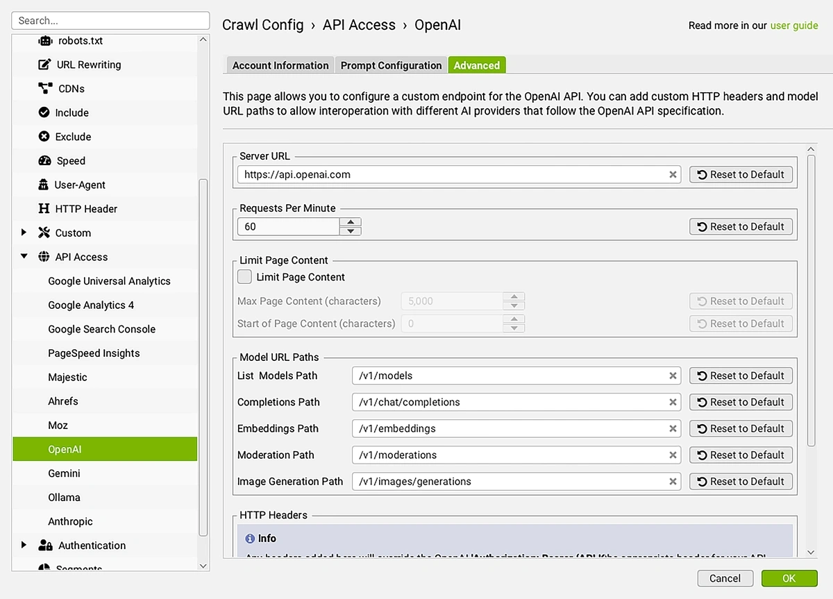 The Screaming Frog crawl configuration menu offers options to connect to APIs like those from OpenAI and Google Gemini