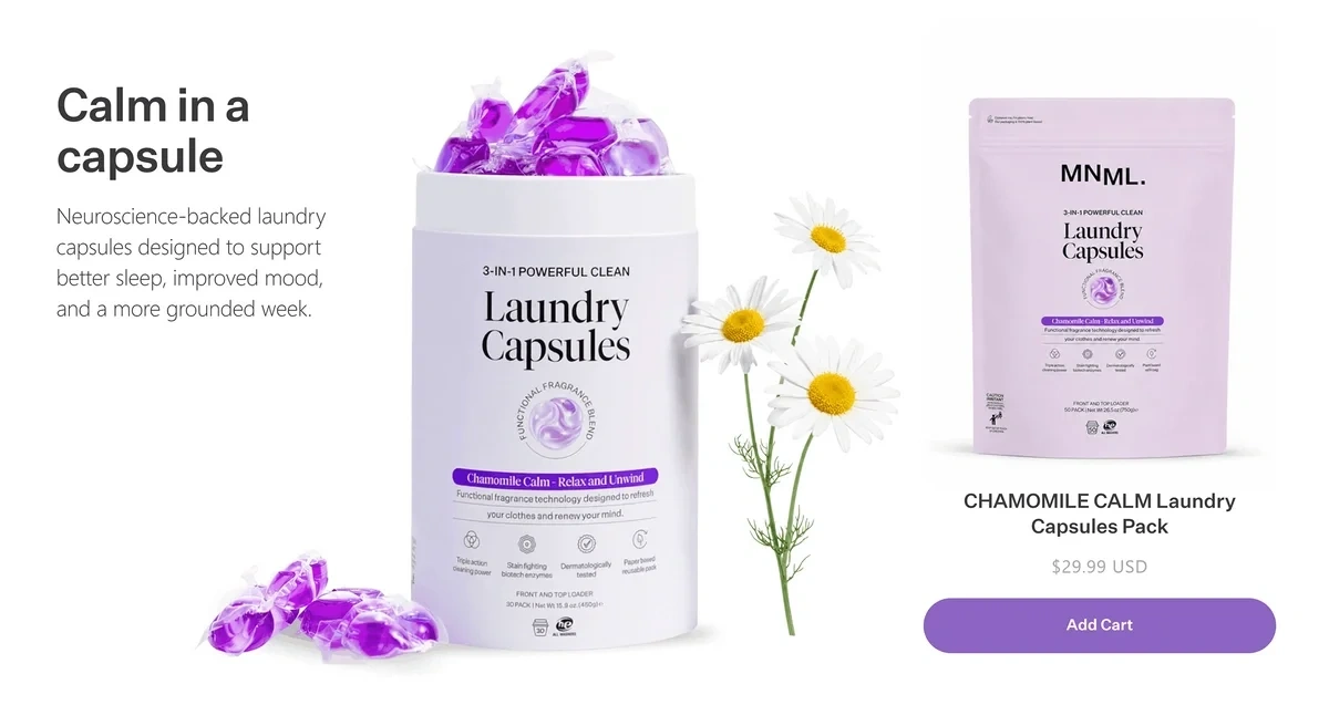 Chamomile flowers are shown next to purple and white Camomile Calm laundry capsules.