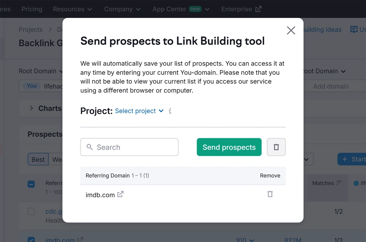 Sending prospects to a Link Building project in in Semrush