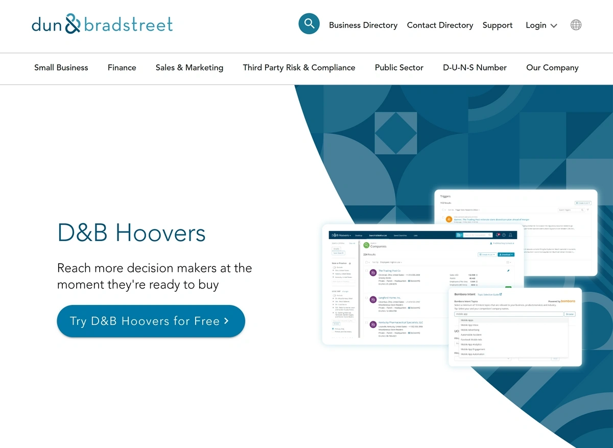 The Dun & Bradstreet landing page for D&B Hoovers software