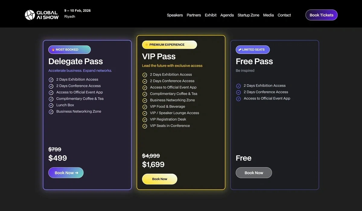 Different tiers of ticket to the Global AI Show in Riyadh
