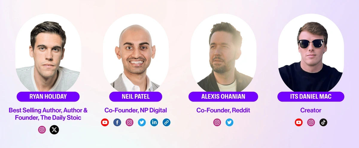 Headshots of four previous speakers at CreatorConf, including Reddit co-founded Alexis Ohanian