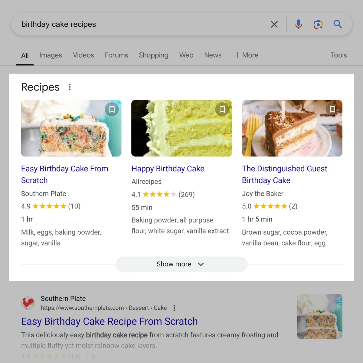 popular recipes for birthday cake shows four images and rich snippets