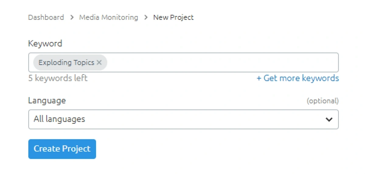 Semrush Media Monitoring new project