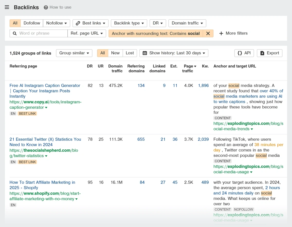 Anchor with surrounding text filter in backlink analysis