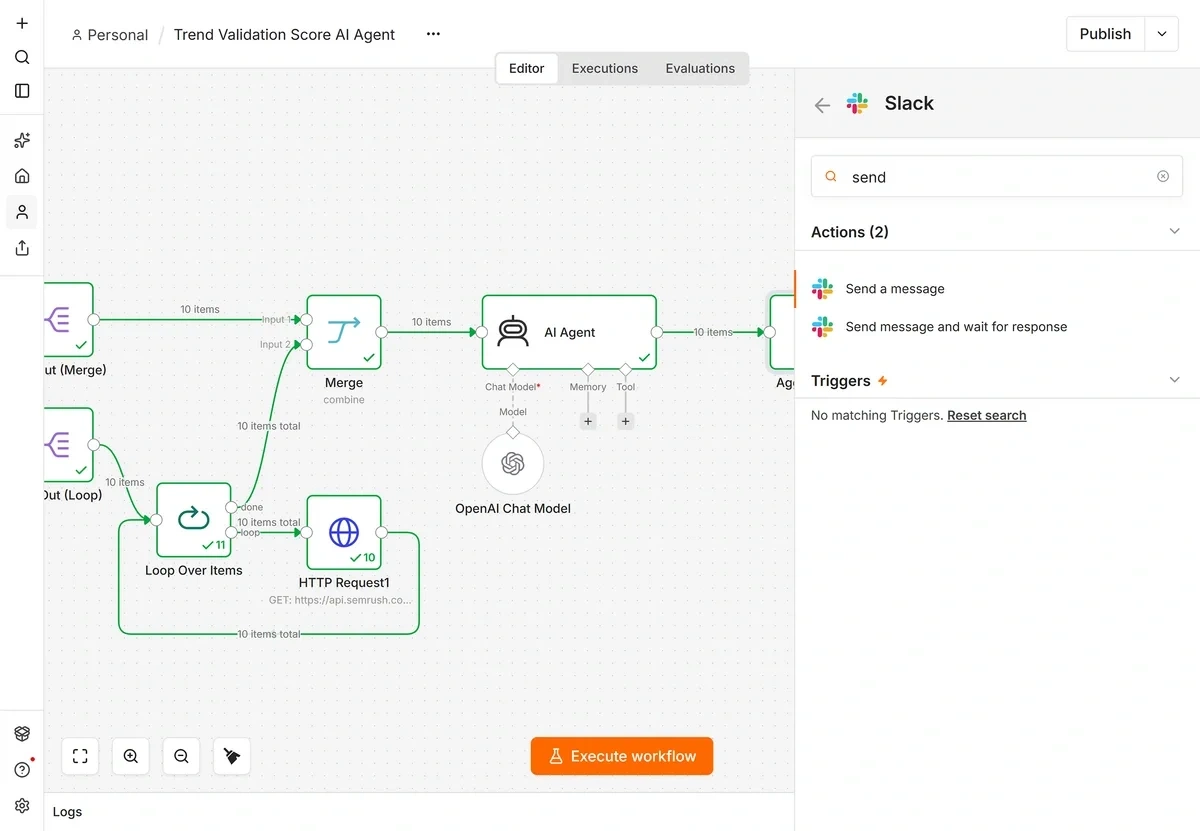 Selecting Send a message as the action for a Slack node in n8n