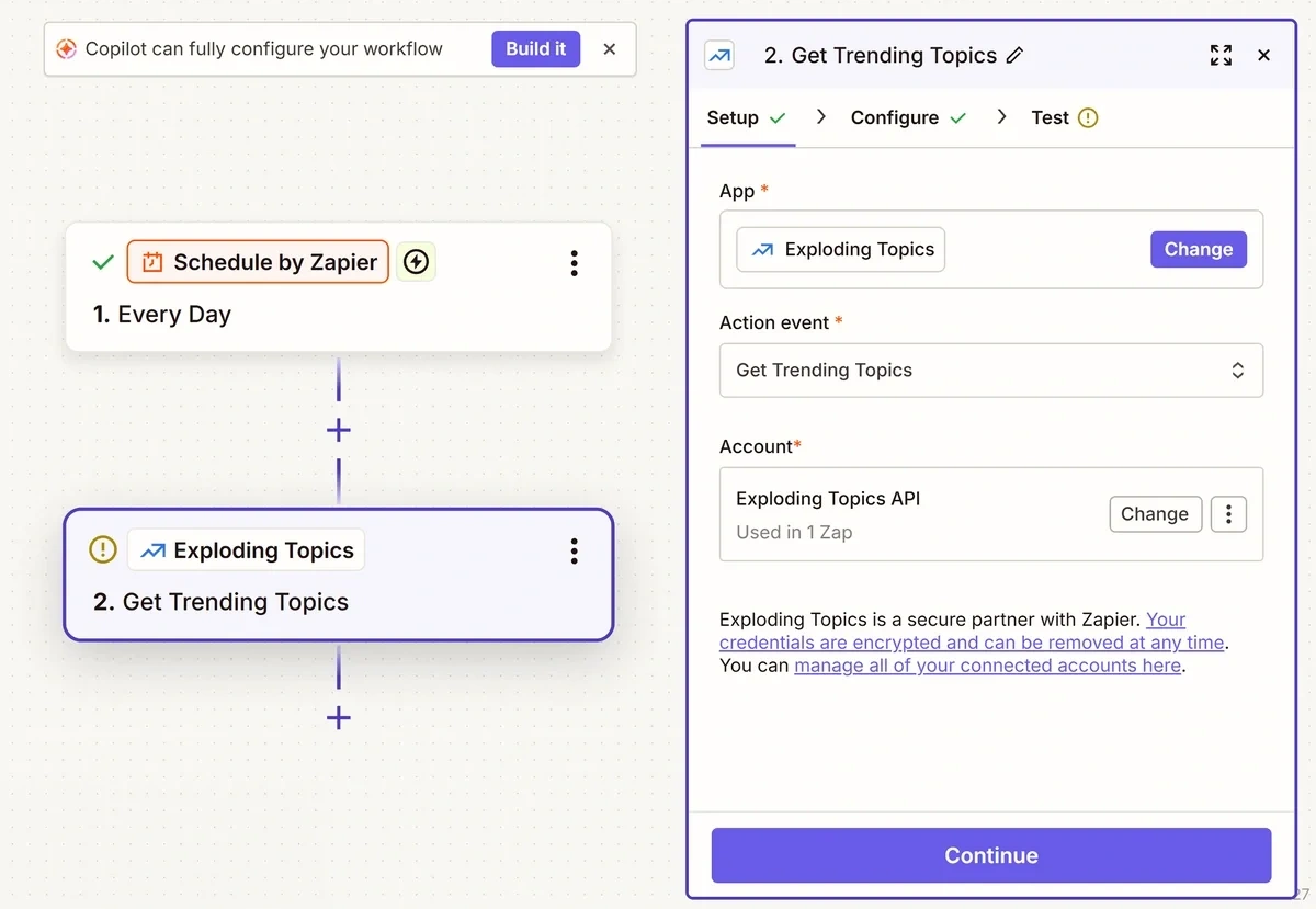 Connection settings for Exploding Topics in Zapier