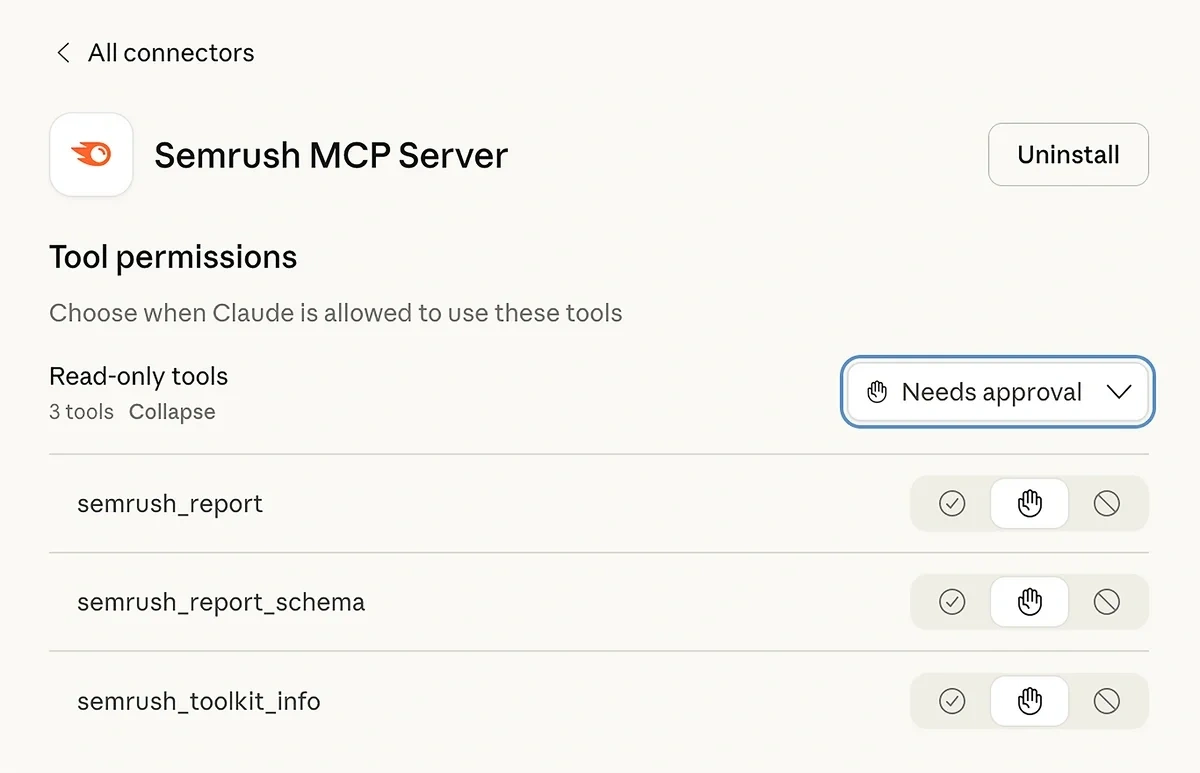 Claude connector read-only tools settings