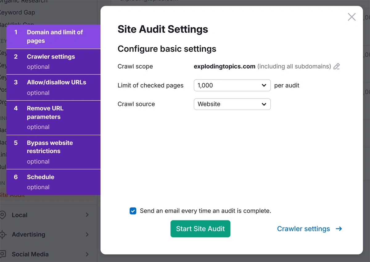 site audit settings pop up