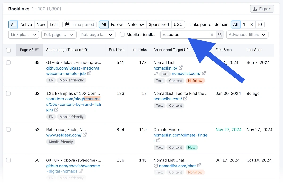 Backlink results in Semrush backlink analytics