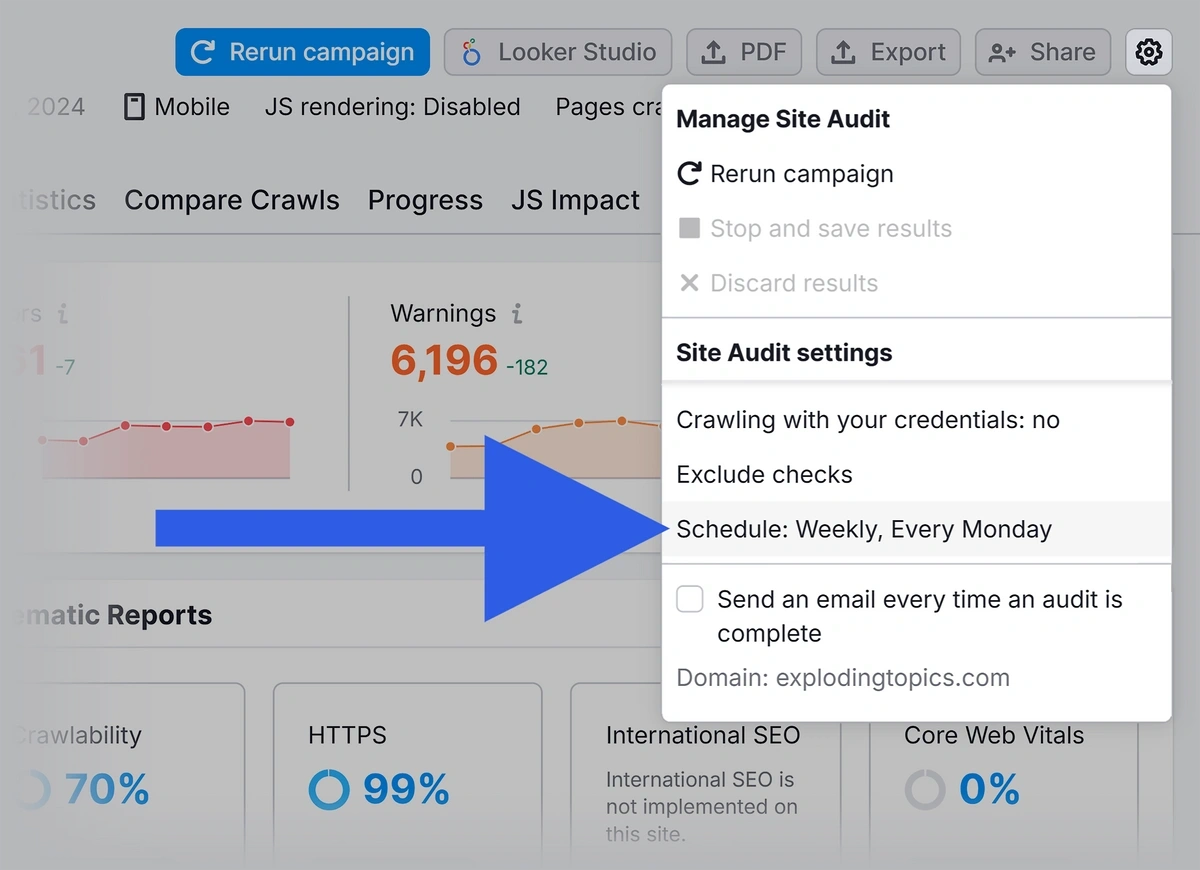 Schedule daily or weekly SEO maintenance audits with Semrush Site Audit