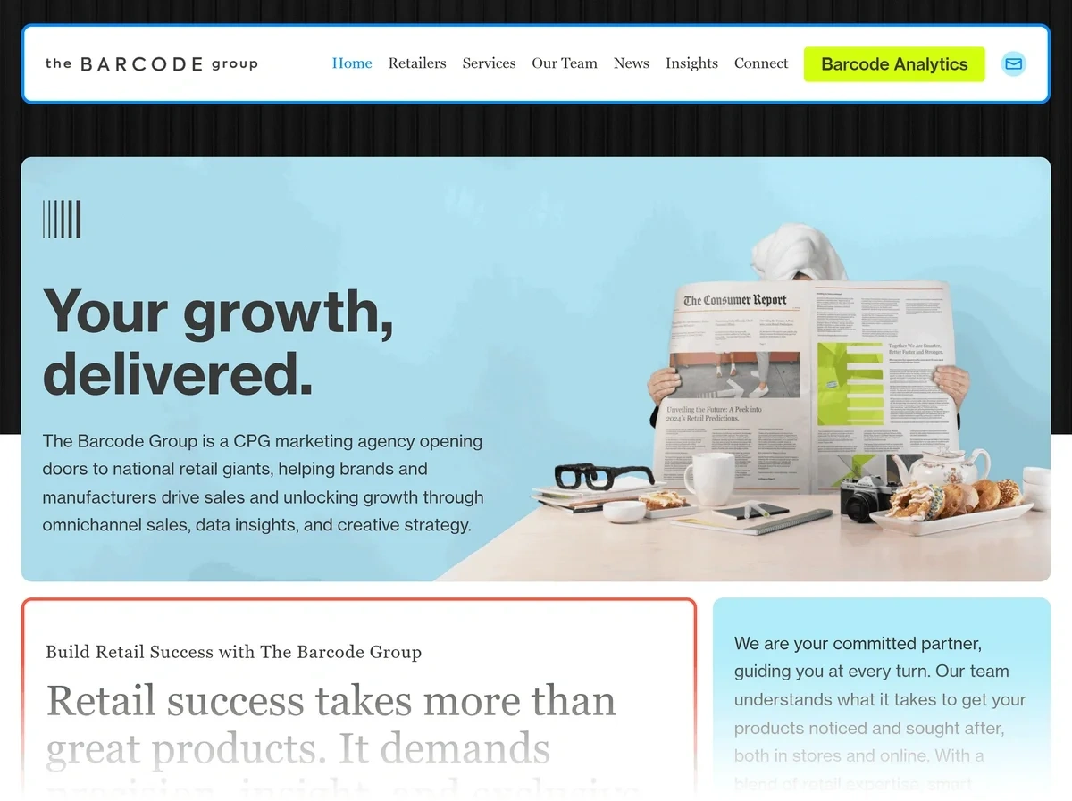 The Barcode Group's homepage says "Your growth, delivered" on a blue background next to an image of a person reading a newspaper called "The Consumer Report" while sitting at a breakfast table.