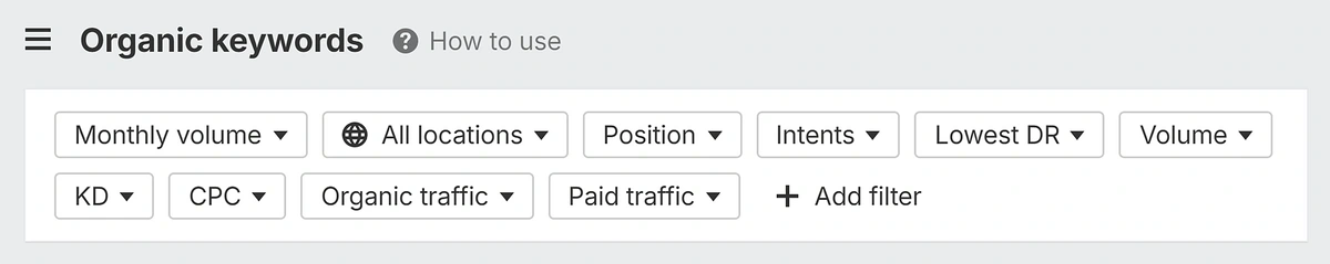 ahrefs organic keywords filters