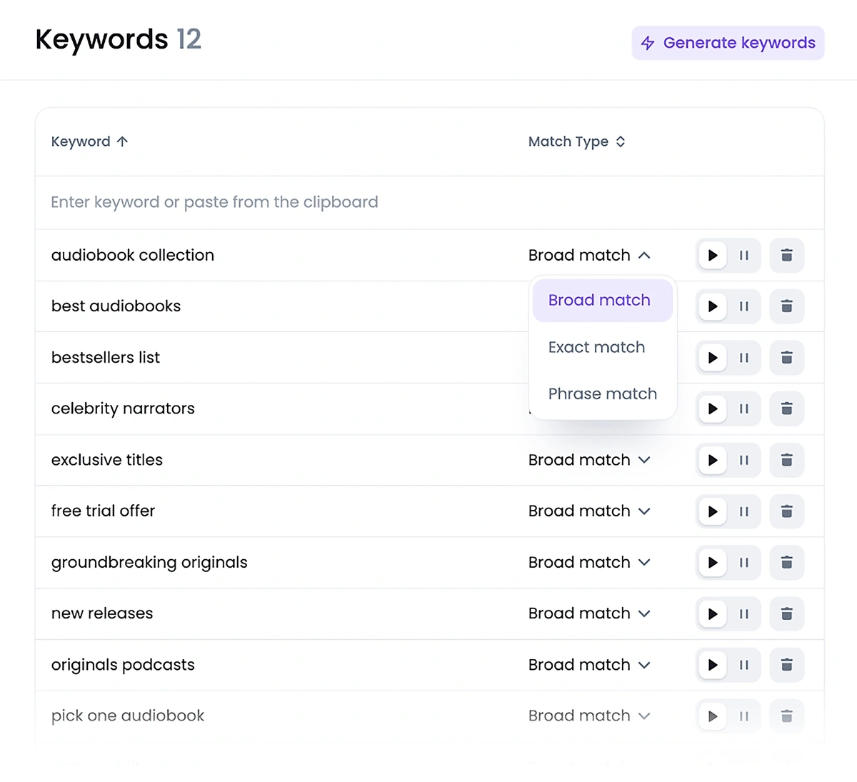 Selecting a match type in Semrush Ads Launch Assistant