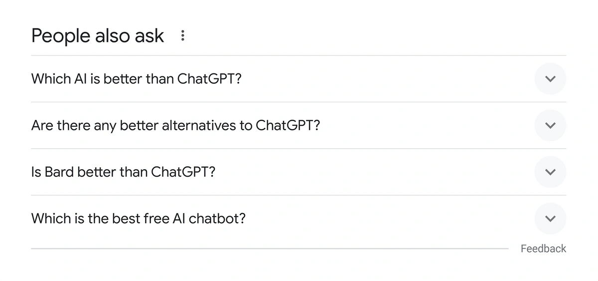Google's People Also Ask questions for "ChatGPT alternatives"