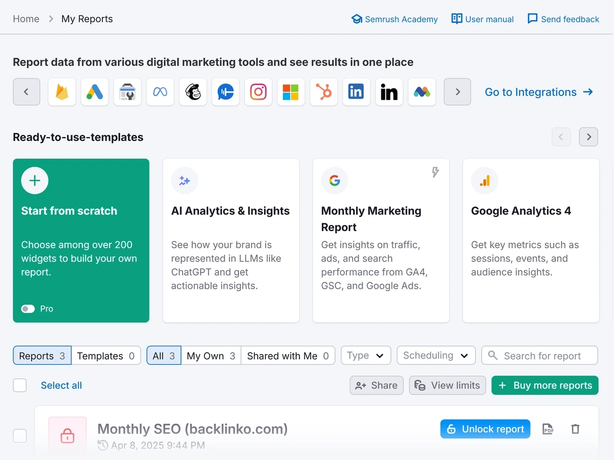Semrush My Reports feature with templates