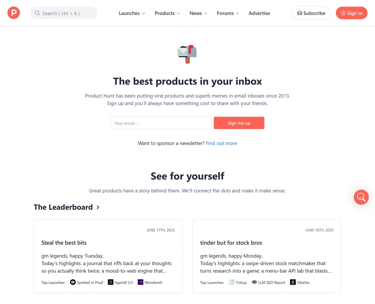 Product Hunt subscribe page