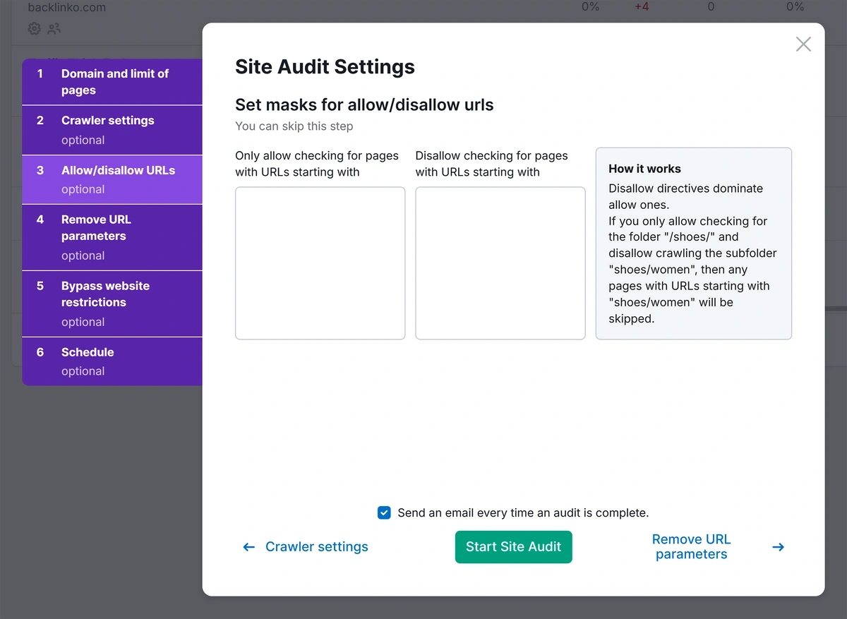 Semrush Site Audit settings