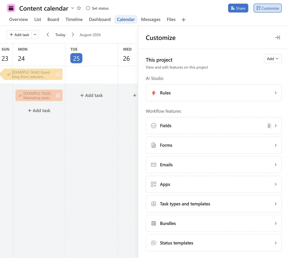 Asana project customization settings