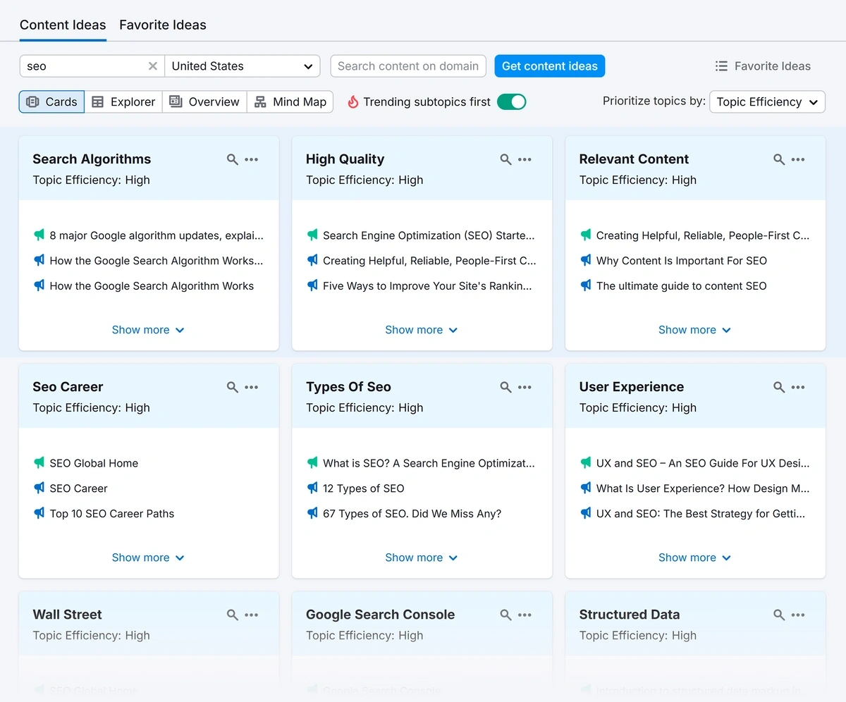 Semrush content ideas for terms related to SEO